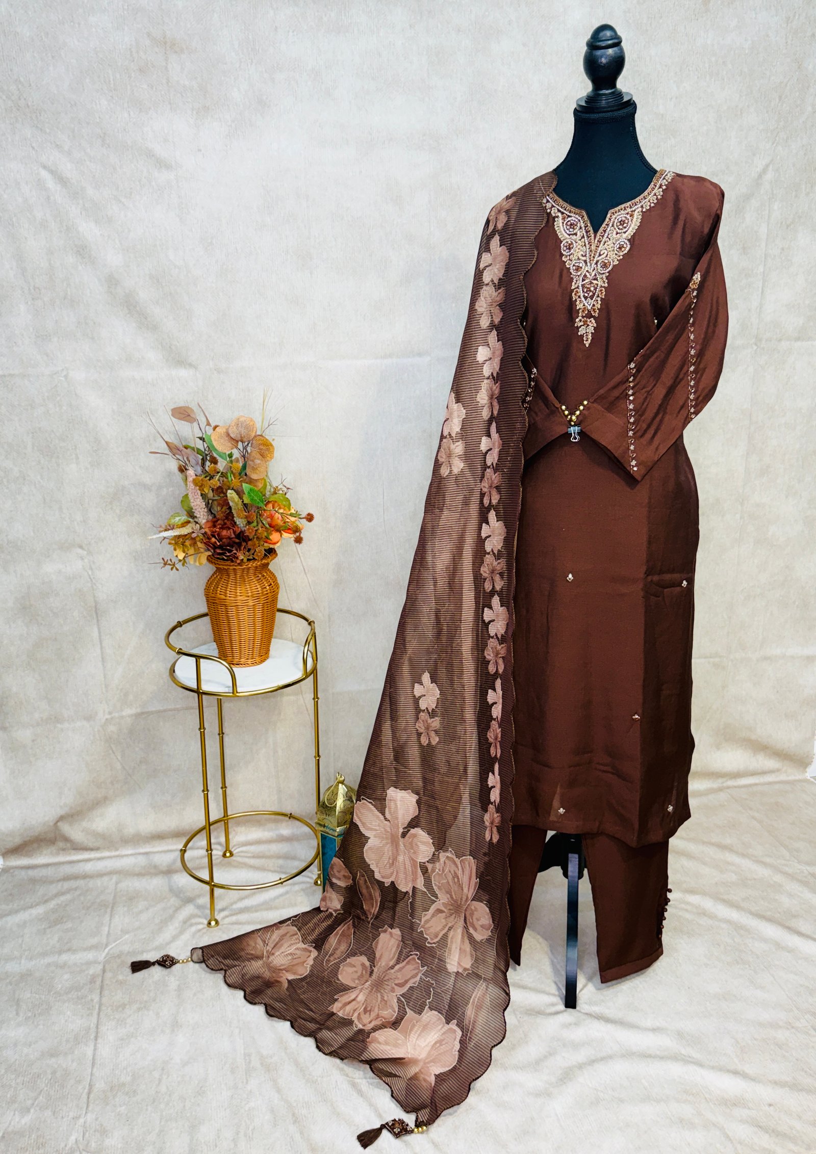 Pure Paper Silk Suit with Hand Embroidery & Printed Organza Dupatta